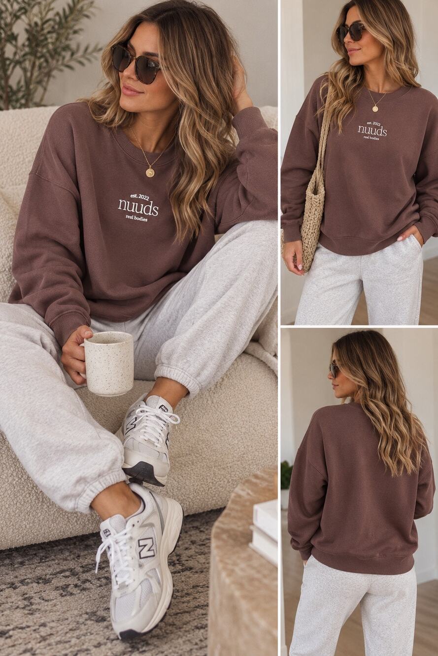 nuuds Cotton Blend Long Sleeve Crew Neck Graphic Sweatshirt Brown Women's M